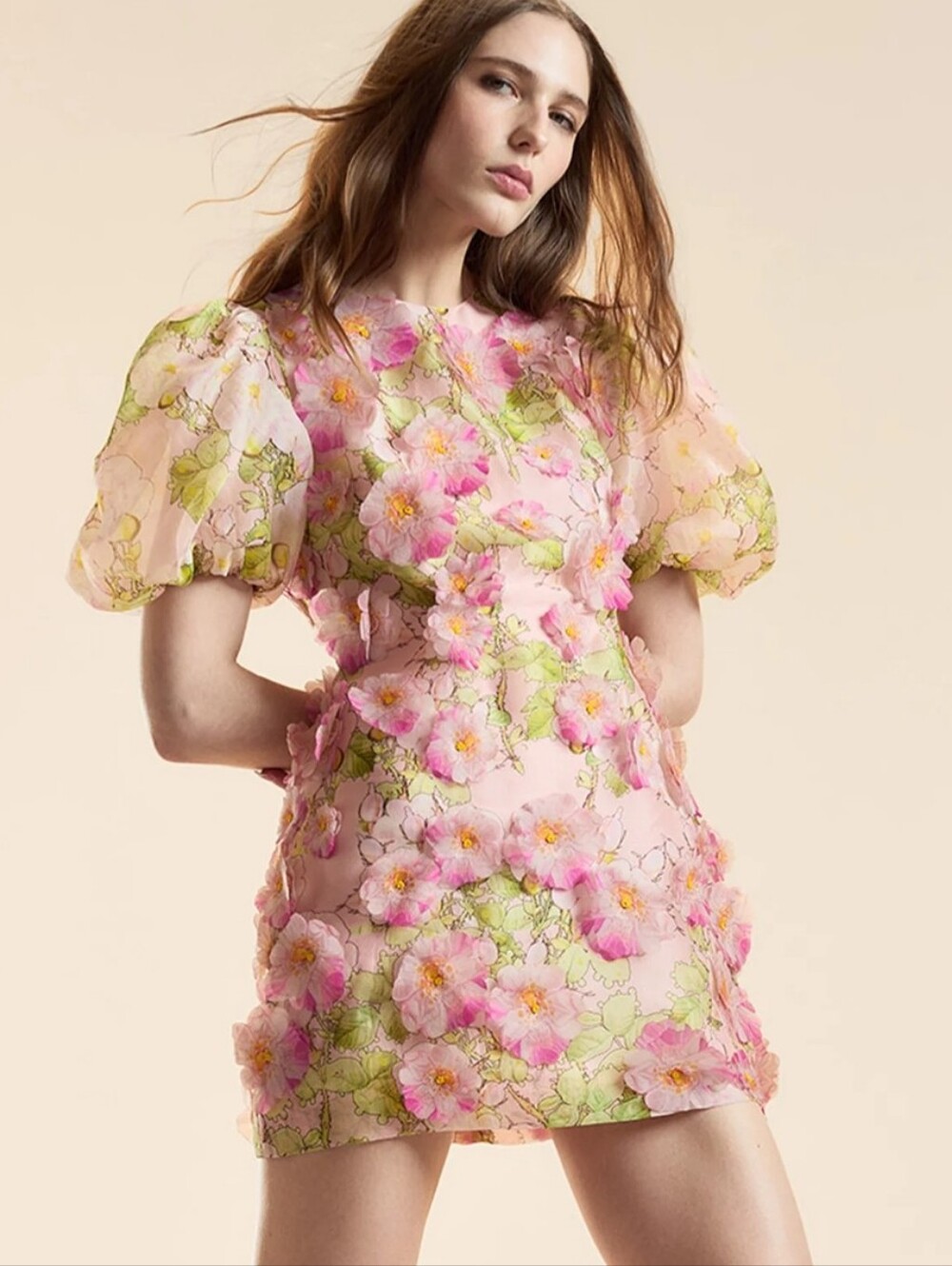 Cynthia Rowley Pink Floral Puff-Sleeve Mini Dress